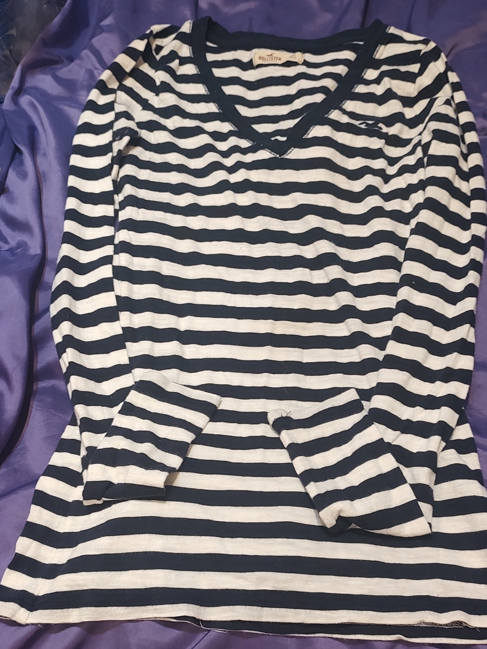 Hollister Navy & White Striped V-Neck Long Sleeve Shirt Color Is Not Faded